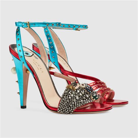 metallic leather sandal with crystals gucci|white Gucci sandals women's.